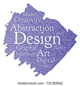 Vector conceptual creativity art graphic identity design visual paint brush word cloud isolated background. Collage of advertising, decorative, fashion, inspiration, vision, perspective modeling