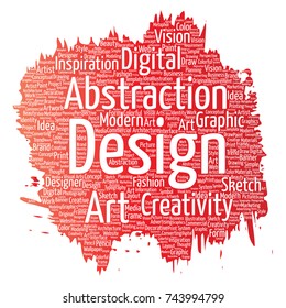 Vector conceptual creativity art graphic identity design visual paint brush word cloud isolated background. Collage of advertising, decorative, fashion, inspiration, vision, perspective modeling