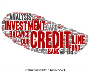Vector conceptual de la línea de inversión de la tarjeta de crédito balance abstracto de la nube de palabras fondo aislado. Collage de análisis de dinero, balance de fondos comerciales, patrimonio, hipoteca, solución de refinanciación segura concepto de texto