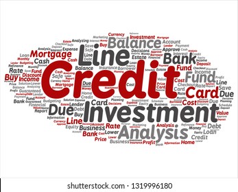 Vector conceptual credit card line investment balance abstract word cloud isolated background. Collage of money analysis, business fund balance, estate, mortgage, safe refinance solution text concept