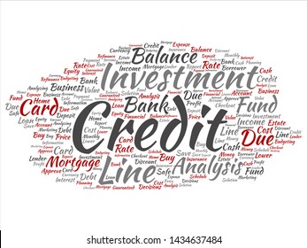 Vector conceptual credit card line investment balance abstract word cloud isolated background. Collage of money analysis, business fund balance, estate, mortgage, safe refinance solution text concept