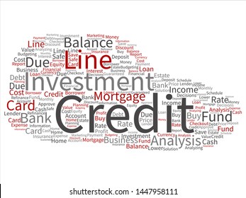 Vector conceptual credit card line investment balance abstract word cloud isolated background. Collage of money analysis, business fund balance, estate, mortgage, safe refinance solution text concept