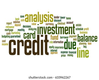 Vector conceptual credit card line investment balance abstract word cloud isolated background. Collage of money analysis, business fund balance, estate, mortgage, safe refinance solution text concept