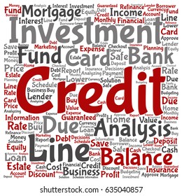 Vector conceptual credit card line investment balance square word cloud isolated background. Collage of money analysis, business fund balance, estate, mortgage, safe or refinance solution text concept