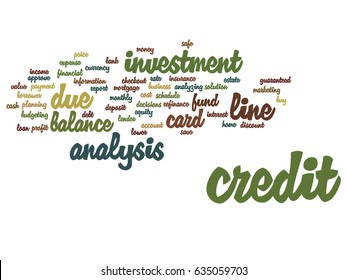 Vector conceptual credit card line investment balance abstract word cloud isolated background. Collage of money analysis, business fund balance, estate, mortgage, safe refinance solution text concept