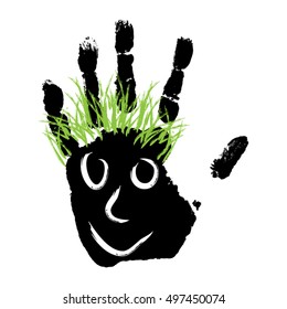 Vector conceptual cute paint human hand or handprint of child with happy face and hair isolated on white for childhood, fun, happy, infant, symbol, joy, kid, identity, education, school, little, young