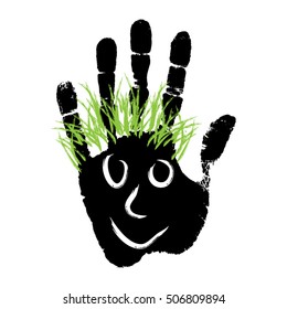 Vector conceptual cute paint human hand or handprint of child with happy face and hair isolated on white for childhood, fun, happy, infant, symbol, joy, kid, identity, education, school, little, young