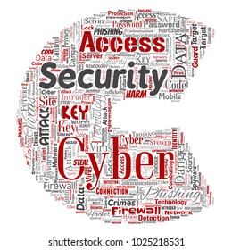 Vector conceptual cyber security online access technology letter font C word cloud isolated background. Collage of phishing, key virus, data attack, crime, firewall password, harm, spam protection