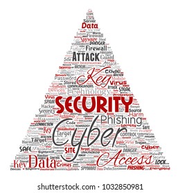 Vector conceptual cyber security online access technology triangle arrow word cloud isolated background. Collage of phishing, key virus, data attack, crime, firewall password, harm, spam protection