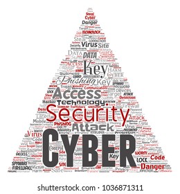 Vector conceptual cyber security online access technology triangle arrow word cloud isolated background. Collage of phishing, key virus, data attack, crime, firewall password, harm, spam protection