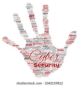 Vector conceptual cyber security online access technology hand print stamp word cloud isolated background. Collage of phishing, key virus, data attack, crime, firewall password, harm, spam protection