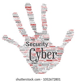 Vector conceptual cyber security online access technology hand print stamp word cloud isolated background. Collage of phishing, key virus, data attack, crime, firewall password, harm, spam protection