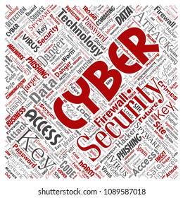 Vector Conceptual Cyber Security Online Access Technology Square Red Word Cloud Isolated Background. Collage Of Phishing, Key Virus, Data Attack, Crime, Firewall Password, Harm, Spam Protection