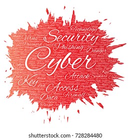 Vector conceptual cyber security online access technology paint brush word cloud isolated background. Collage of phishing, key virus, data attack, crime, firewall password, harm, spam protection