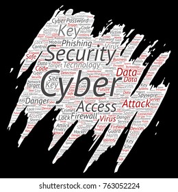 Tecnología de acceso en línea de ciberseguridad conceptual de vectores tecnología de pincel de pintura de papel de la palabra nube de fondo aislado. Colección de phishing, virus de claves, ataque de datos, crimen, contraseña de firewall, daño, protección contra spam