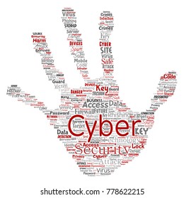 Vector conceptual cyber security online access technology hand print stamp word cloud isolated background. Collage of phishing, key virus, data attack, crime, firewall password, harm, spam protection