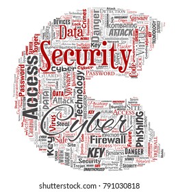 Vector conceptual cyber security online access technology letter font C word cloud isolated background. Collage of phishing, key virus, data attack, crime, firewall password, harm, spam protection
