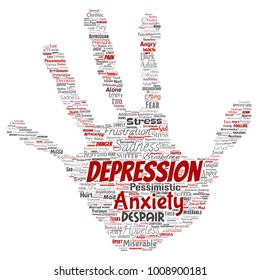 Vector conceptual depression or mental emotional disorder problem hand print stamp word cloud isolated background. Collage of anxiety sadness, negative sad, despair, unhappy, frustration symptom