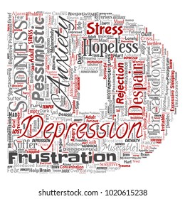 Depresión conceptual vectorial o trastorno emocional mental letra problema fuente D palabra nube aislado fondo. Collage de tristeza de ansiedad, triste negativo, desesperación, infeliz, síntoma de frustración
