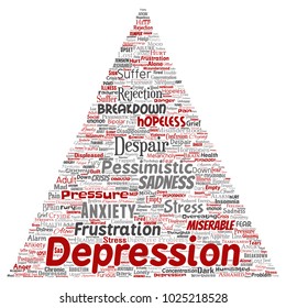 Vektor konzeptuelle Depression oder psychische emotionale Störung Dreieck-Pfeil-Wort Cloud isolierten Hintergrund. Collage aus Angst Traurigkeit, negative Traurigkeit, Verzweiflung, unglückliche, Frustration Symptom