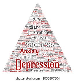 Depresión conceptual vectorial o trastorno emocional mental problema de triángulo de flecha de la palabra nube aislado fondo. Collage de tristeza de ansiedad, triste negativo, desesperación, infeliz, síntoma de frustración