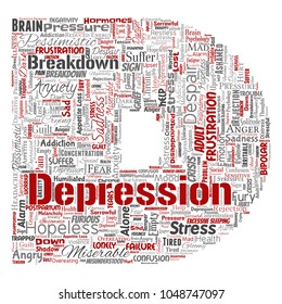 Depresión conceptual vectorial o trastorno emocional mental letra problema fuente D palabra nube aislado fondo. Collage de tristeza de ansiedad, triste negativo, desesperación, infeliz, síntoma de frustración