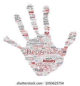 Vector conceptual depression or mental emotional disorder problem hand print stamp word cloud isolated background. Collage of anxiety sadness, negative sad, despair, unhappy, frustration symptom
