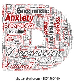 Depresión conceptual vectorial o trastorno emocional mental letra problema fuente D palabra nube aislado fondo. Collage de tristeza de ansiedad, triste negativo, desesperación, infeliz, síntoma de frustración