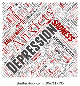 Depresión conceptual vectorial o trastorno emocional mental problema de nubes de palabras rojas cuadradas fondo aislado. Collage de tristeza de ansiedad, triste negativo, desesperación, infeliz, síntoma de frustración