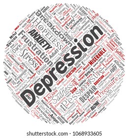 Depresión conceptual vectorial o trastorno emocional mental alrededor de la nube de palabras rojas alrededor de un fondo aislado. Collage de tristeza de ansiedad, triste negativo, desesperación, infeliz, síntoma de frustración