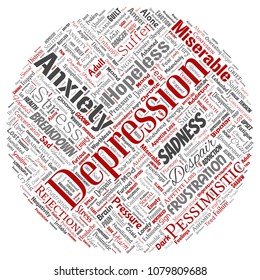 Vector conceptual depression or mental emotional disorder problem round circle red word cloud isolated background. Collage of anxiety sadness, negative sad, despair, unhappy, frustration symptom