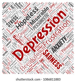 Vector conceptual depression or mental emotional disorder problem square red word cloud isolated background. Collage of anxiety sadness, negative sad, despair, unhappy, frustration symptom