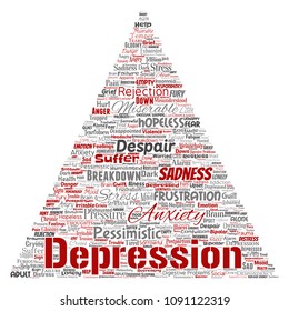 Vector conceptual depression or mental emotional disorder problem triangle arrow word cloud isolated background. Collage of anxiety sadness, negative sad, despair, unhappy, frustration symptom