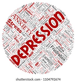 Vector conceptual depression or mental emotional disorder problem round circle red word cloud isolated background. Collage of anxiety sadness, negative sad, despair, unhappy, frustration symptom