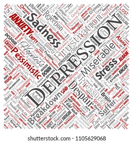 Vector conceptual depression or mental emotional disorder problem square red word cloud isolated background. Collage of anxiety sadness, negative sad, despair, unhappy, frustration symptom