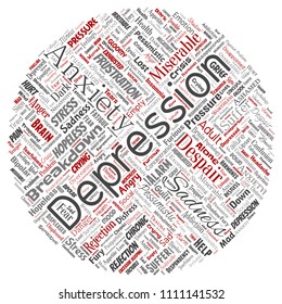 Depresión conceptual vectorial o trastorno emocional mental alrededor de la nube de palabras rojas alrededor de un fondo aislado. Collage de tristeza de ansiedad, triste negativo, desesperación, infeliz, síntoma de frustración