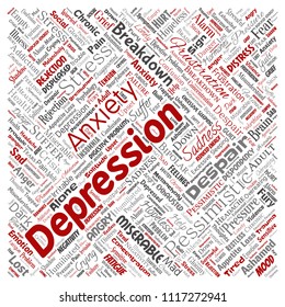 Depresión conceptual vectorial o trastorno emocional mental problema de nubes de palabras rojas cuadradas fondo aislado. Collage de tristeza de ansiedad, triste negativo, desesperación, infeliz, síntoma de frustración