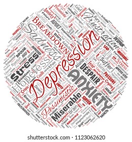 Depresión conceptual vectorial o trastorno emocional mental alrededor de la nube de palabras rojas alrededor de un fondo aislado. Collage de tristeza de ansiedad, triste negativo, desesperación, infeliz, síntoma de frustración