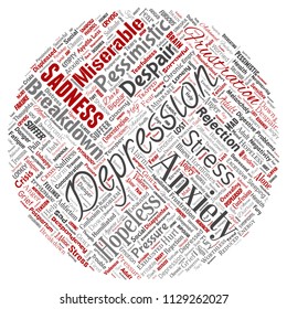 Vector conceptual depression or mental emotional disorder problem round circle red word cloud isolated background. Collage of anxiety sadness, negative sad, despair, unhappy, frustration symptom