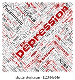Depresión conceptual vectorial o trastorno emocional mental problema de nubes de palabras rojas cuadradas fondo aislado. Collage de tristeza de ansiedad, triste negativo, desesperación, infeliz, síntoma de frustración