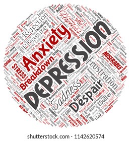 Vector conceptual depression or mental emotional disorder problem round circle red word cloud isolated background. Collage of anxiety sadness, negative sad, despair, unhappy, frustration symptom