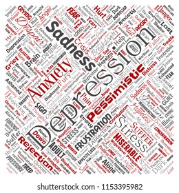 Vector conceptual depression or mental emotional disorder problem square red word cloud isolated background. Collage of anxiety sadness, negative sad, despair, unhappy, frustration symptom
