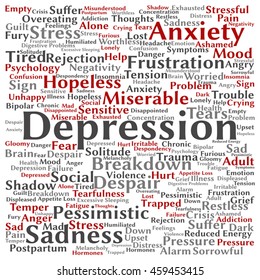 Vector conceptual depression or mental emotional disorder abstract square word cloud isolated on background metaphor to anxiety, sadness, negative, sad, problem, despair, unhappy, frustration symptom