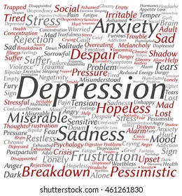 Vector conceptual depression or mental emotional disorder abstract square word cloud isolated on background metaphor to anxiety, sadness, negative, sad, problem, despair, unhappy, frustration symptom