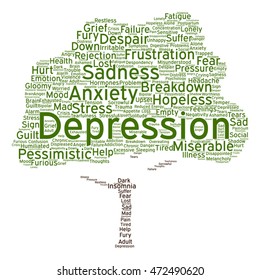 Vector conceptual depression or mental emotional disorder abstract tree word cloud isolated on background metaphor to anxiety, sadness, negative, sad, problem, despair, unhappy, frustration symptom