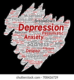 Vector conceptual depression or mental emotional disorder problem paint brush or paper word cloud isolated background. Collage of anxiety sadness, negative sad, despair, unhappy, frustration symptom