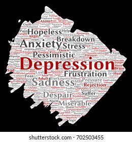 Vector conceptual depression or mental emotional disorder problem paint brush or paper word cloud isolated background. Collage of anxiety sadness, negative sad, despair, unhappy, frustration symptom