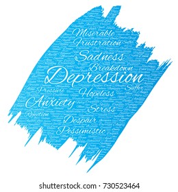 Depresión conceptual vectorial o trastorno emocional mental problema pincel de pintura nube de palabras fondo aislado. Collage de tristeza de ansiedad, triste negativo, desesperación, infeliz, síntoma de frustración