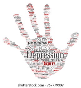 Vektor konzeptuelle Depression oder psychische Störung Problem handdrucken Briefmarken Wort Cloud isolierten Hintergrund. Collage aus Angst Traurigkeit, negative Traurigkeit, Verzweiflung, unglückliche, Frustration Symptom