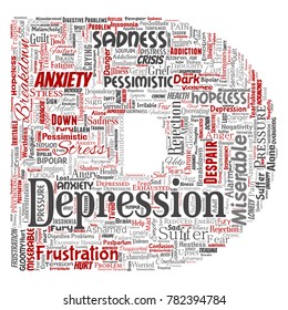 Vector conceptual depression or mental emotional disorder problem letter font D word cloud isolated background. Collage of anxiety sadness, negative sad, despair, unhappy, frustration symptom